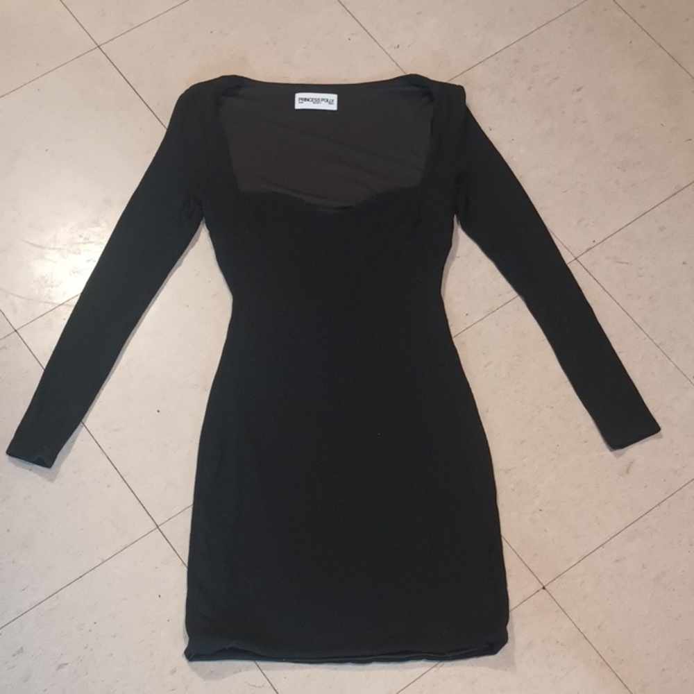 Princess Polly Black Long-Sleeve Square Neck Bodycon Dress Peackaboo Back Size 0